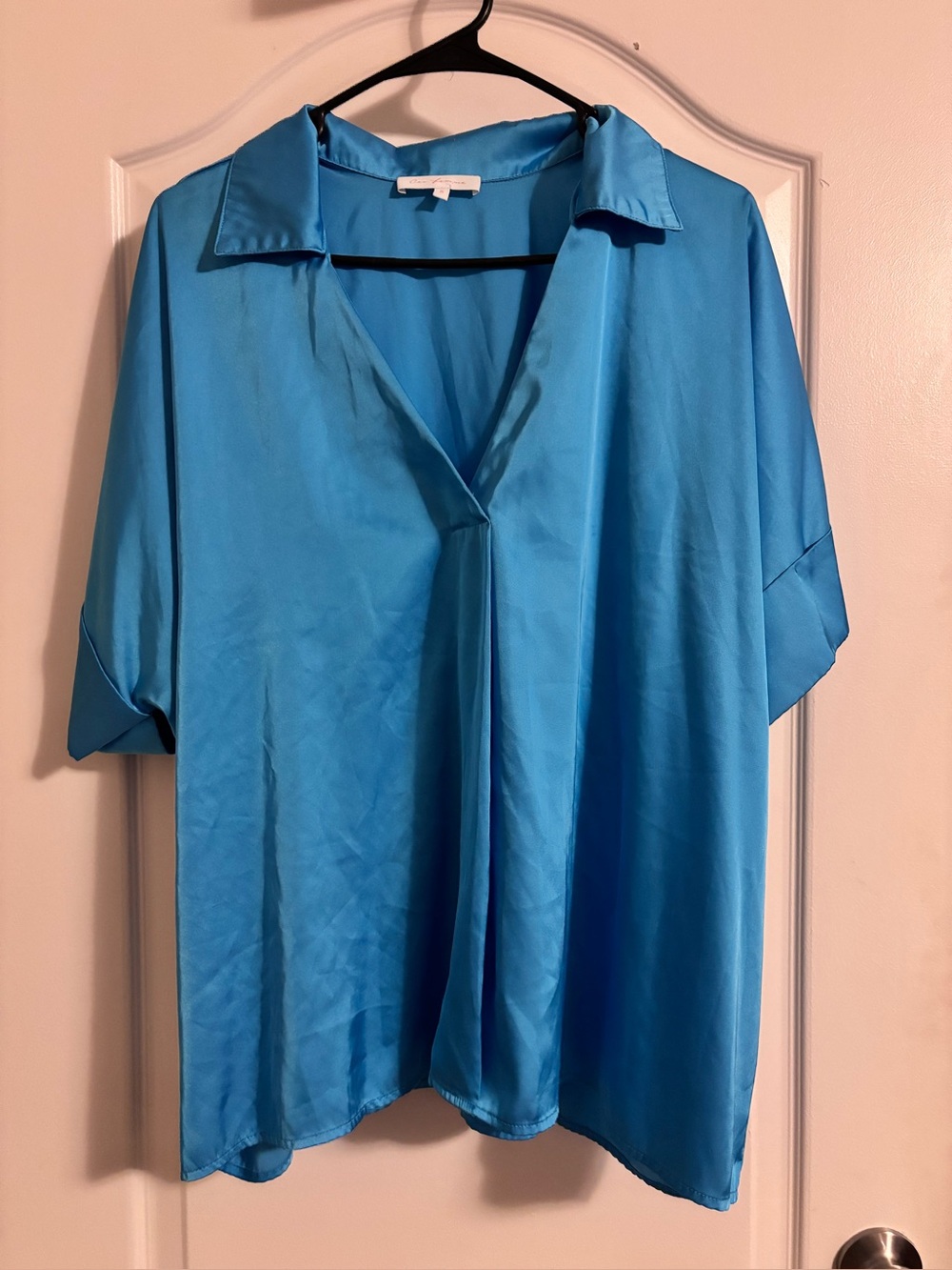 Ces Femme Vibrant Turquoise V-Neck Short Sleeve Blouse (OVERSIZED)